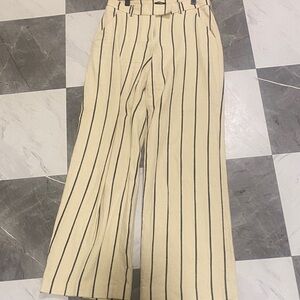 Express Cream Wide-Leg Trousers with Black Vertical Stripes